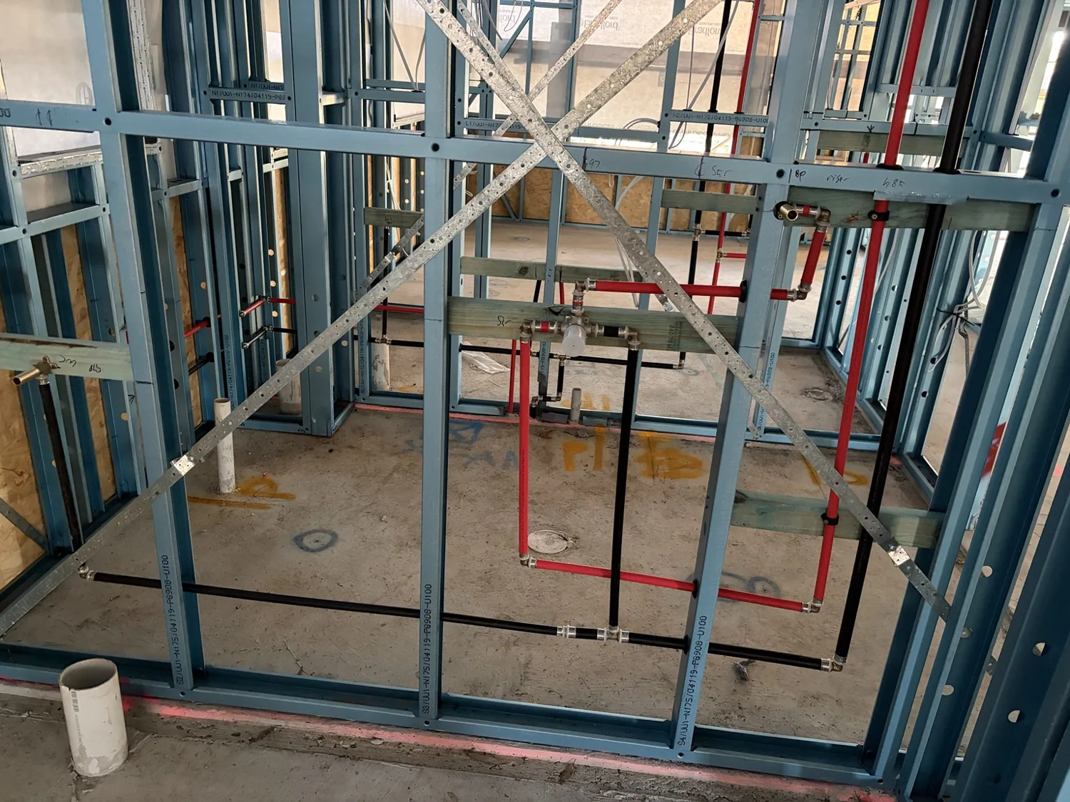 Water supply pipework and fixture connections before wall linings